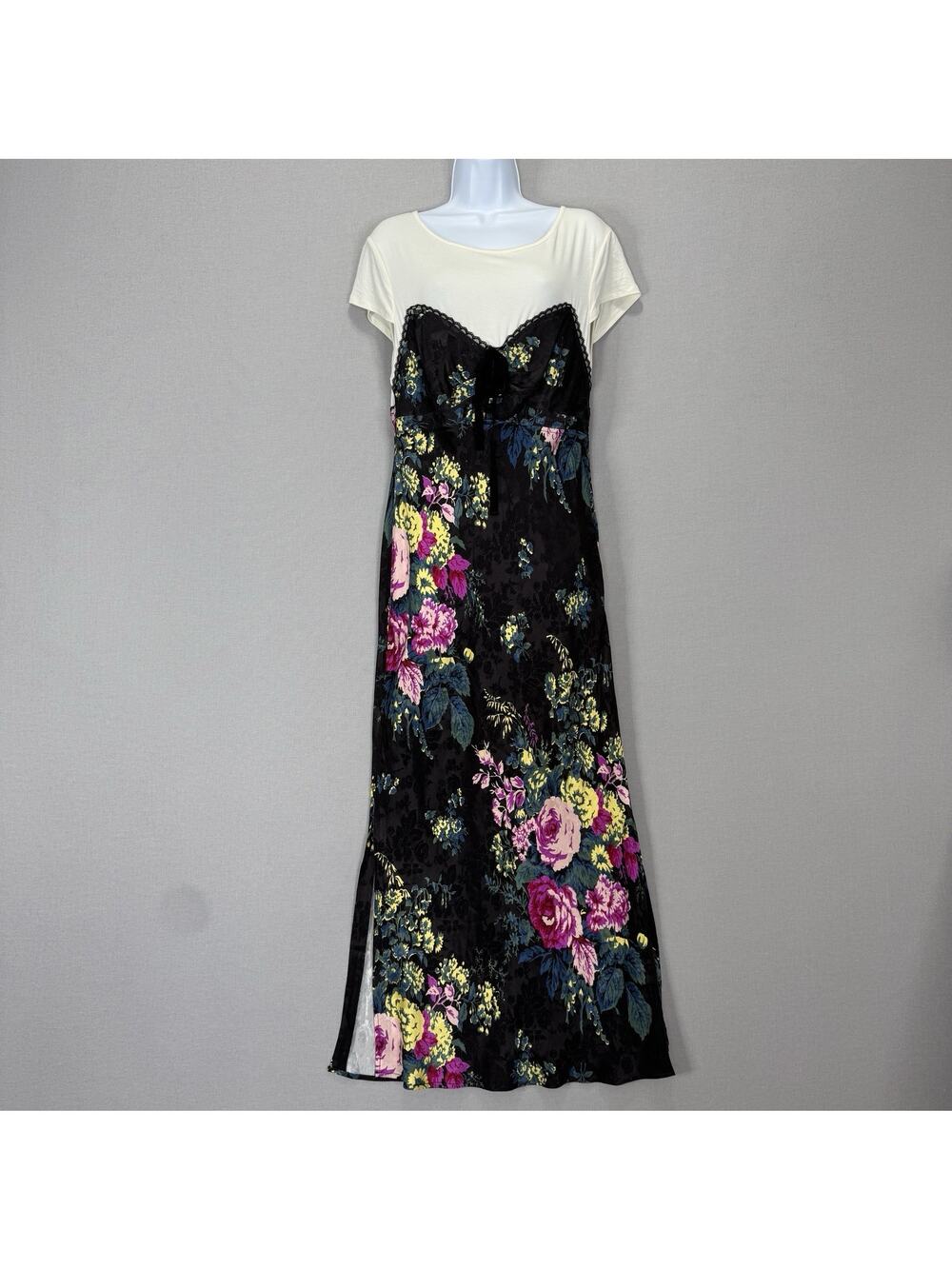 Anthropologie Twofer Midi Slip Dress Womens L Black Floral Coquette Y2K Grunge